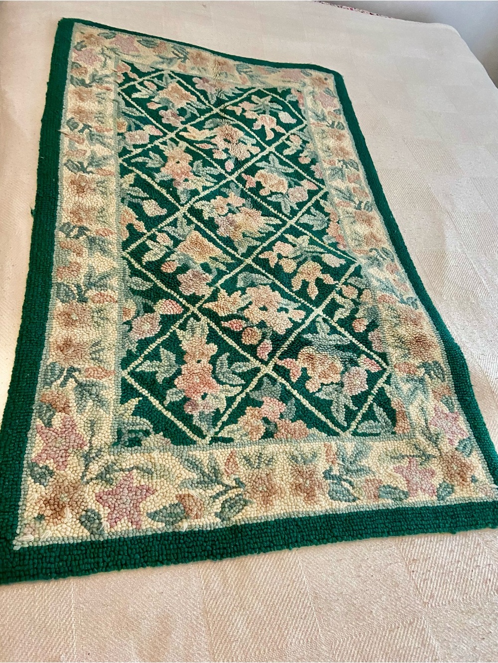 Vintage Hand Hooked Wool Rug 48 x 28 Green Pink Floral Cottage Core
